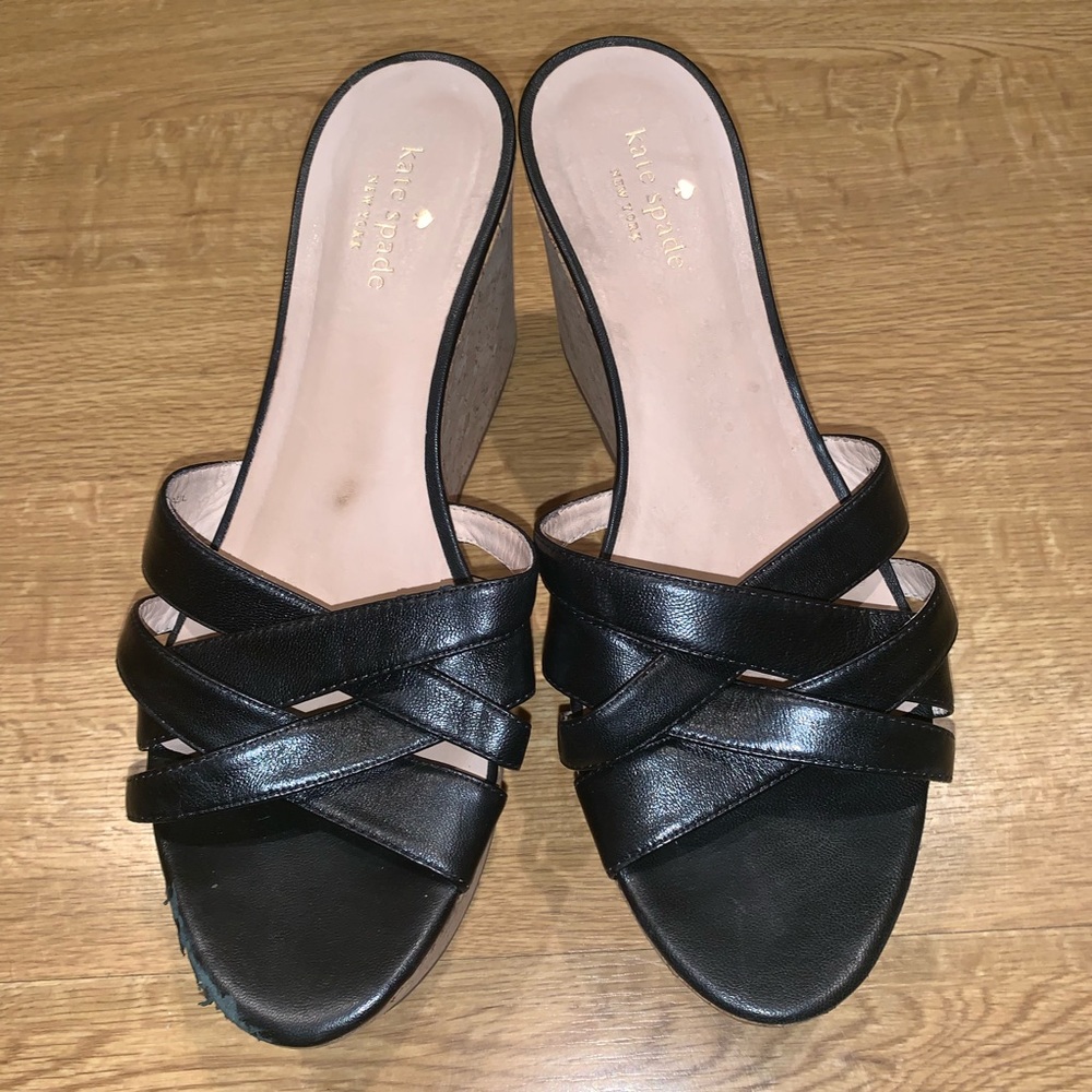 Kate Spade Talcott Black Lthr Cork wedge sz 9 1/2